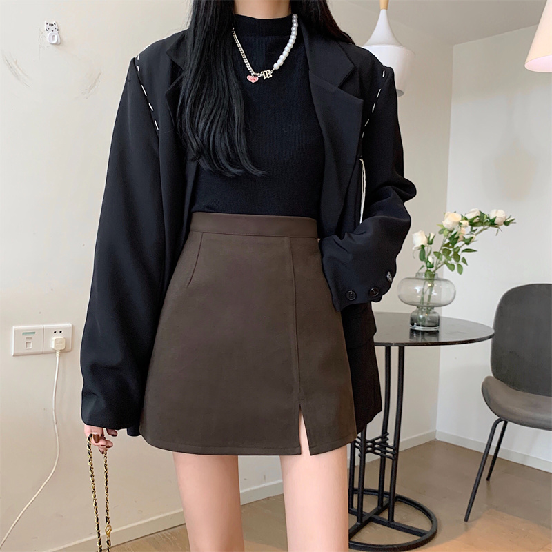 450g woolen slit hip-covering women's autumn and winter new high-waisted slimming A-line skirt, versatile