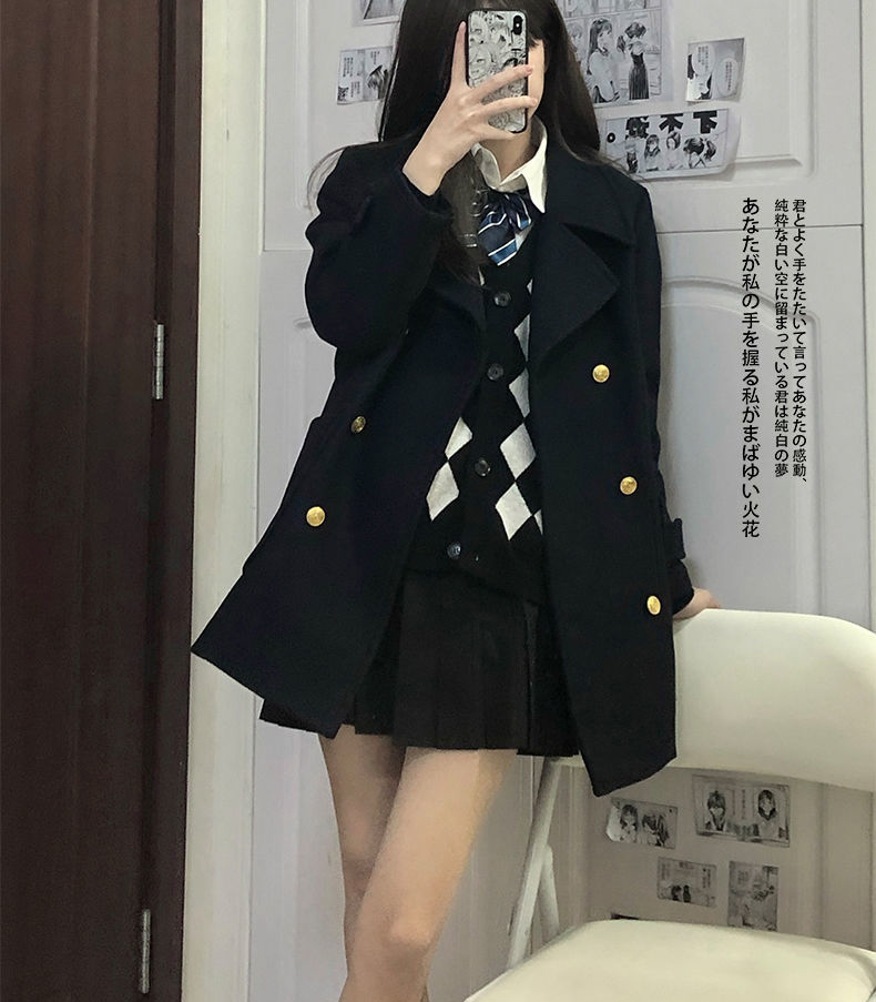 360g winter Japanese college style woolen coat with permed big buttons for women jk uniform pocket double-breasted coat