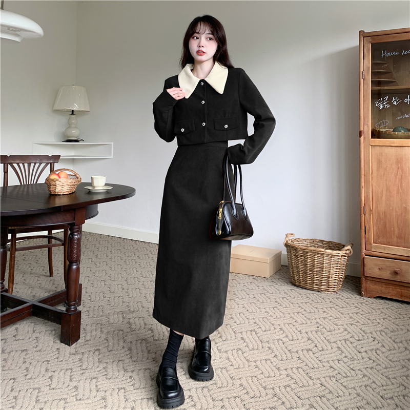 Corduroy two-piece set 2023 autumn and winter large size fat mm small fragrance jacket + skirt suit for women