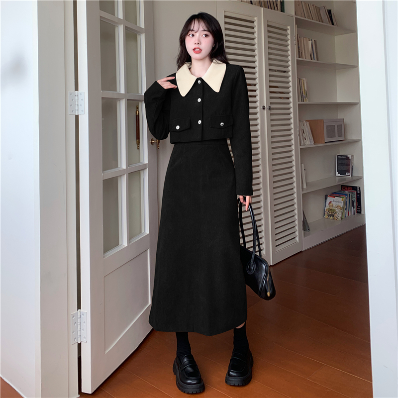 Corduroy two-piece set 2023 autumn and winter large size fat mm small fragrance jacket + skirt suit for women