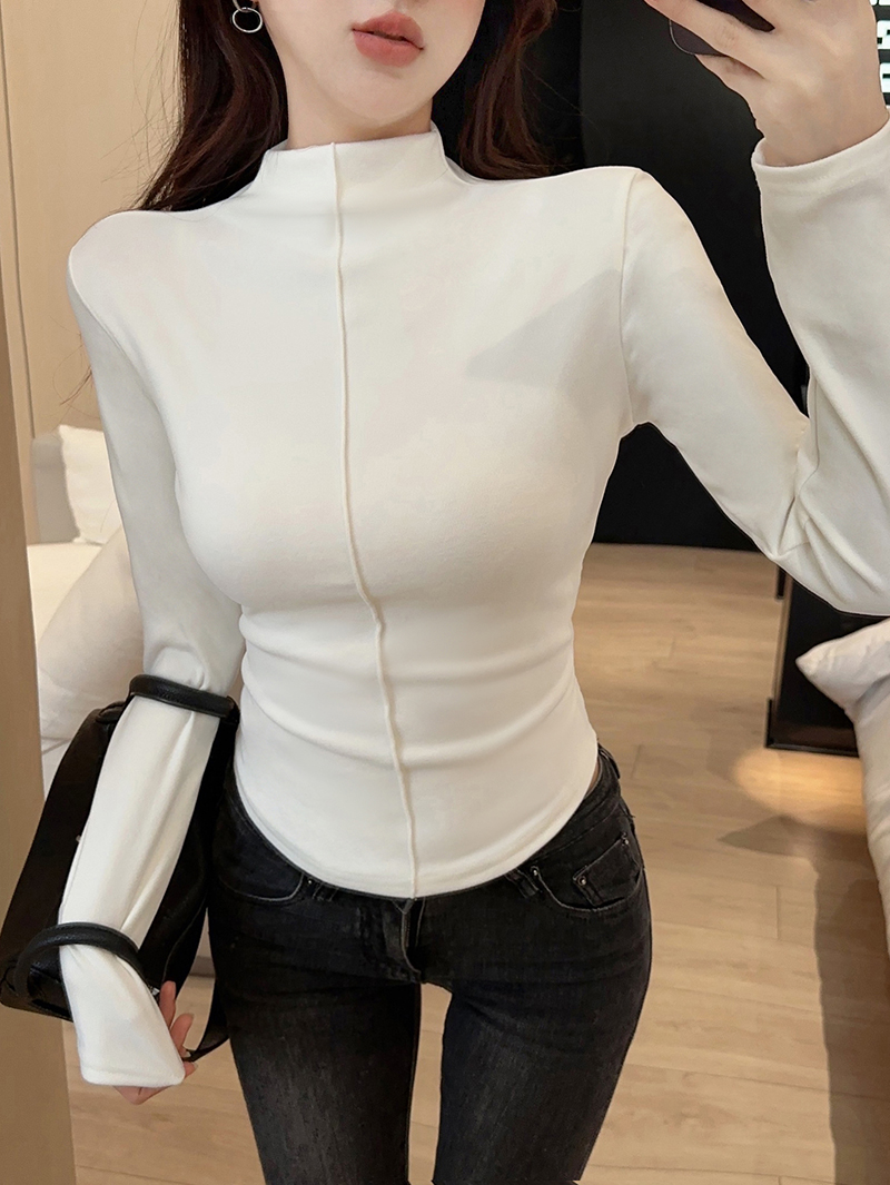 Actual shot of double-sided German velvet turtleneck bottoming shirt, warm long-sleeved women's autumn and winter pure lust hottie short top
