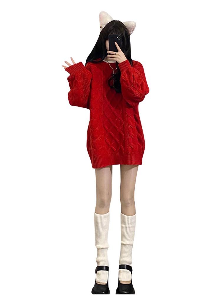 法式高级红色针织连衣裙子女秋冬季新款小个子打底内搭毛衣裙