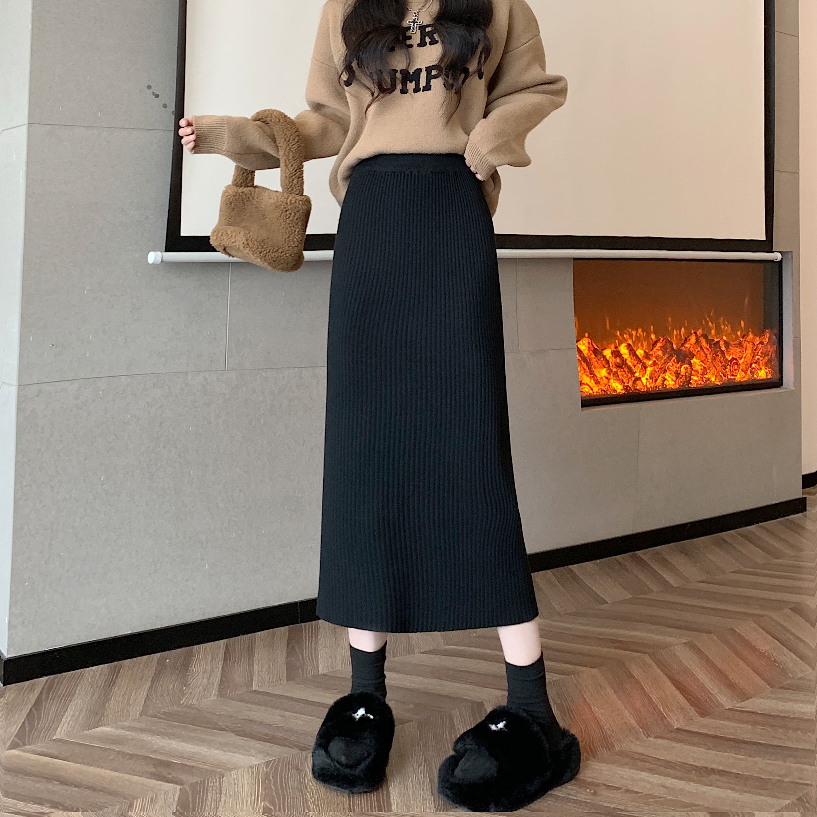 Actual shot of new high-end knitted skirt for women, woolen high-waist covering span, slimming A-line long skirt, hip-covering one-step skirt