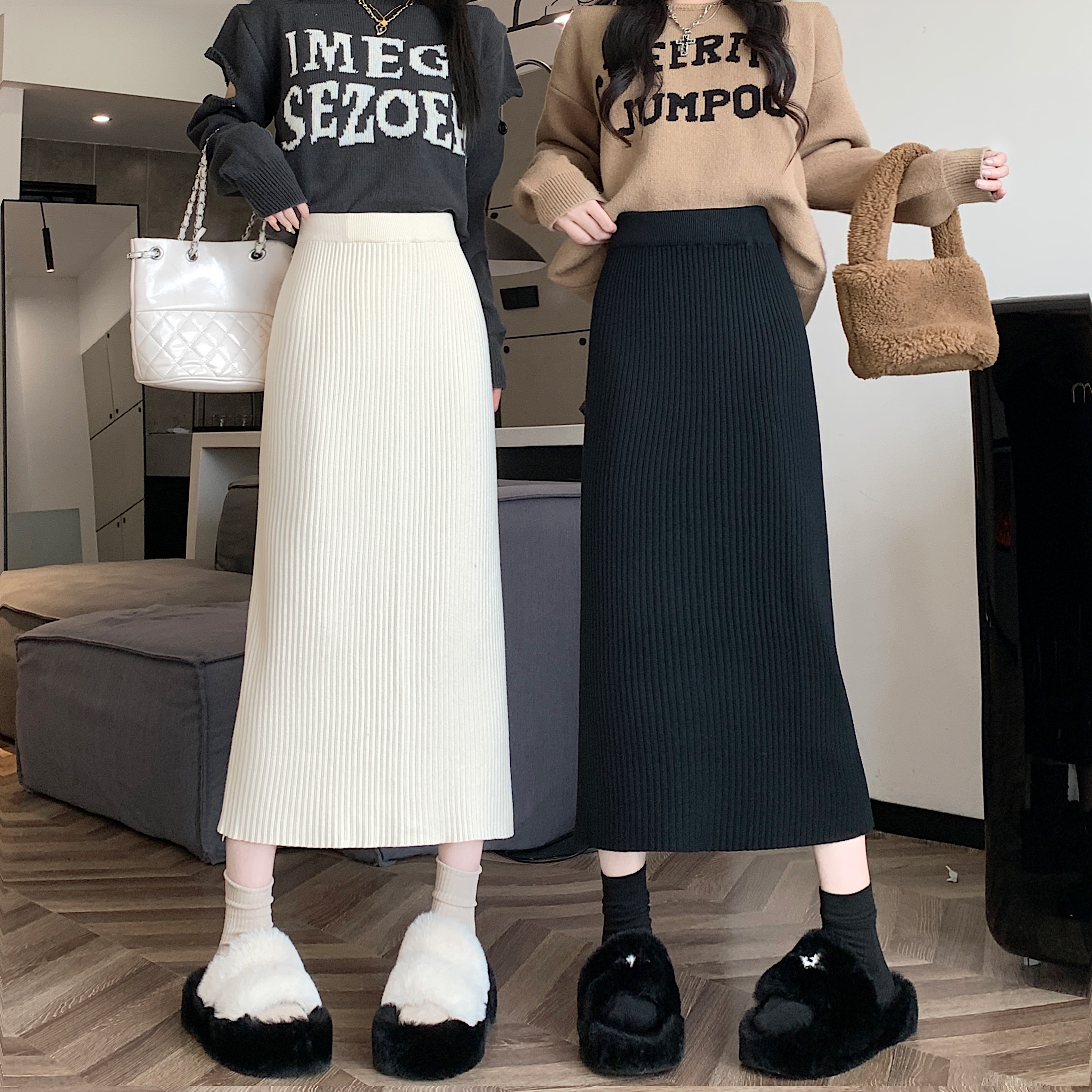 Actual shot of new high-end knitted skirt for women, woolen high-waist covering span, slimming A-line long skirt, hip-covering one-step skirt