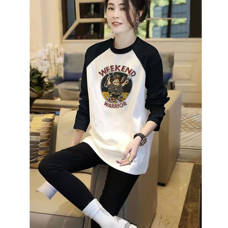 Raglan women's autumn new plus size women's loose American retro long-sleeved T-shirt contrasting color splicing top trendy
