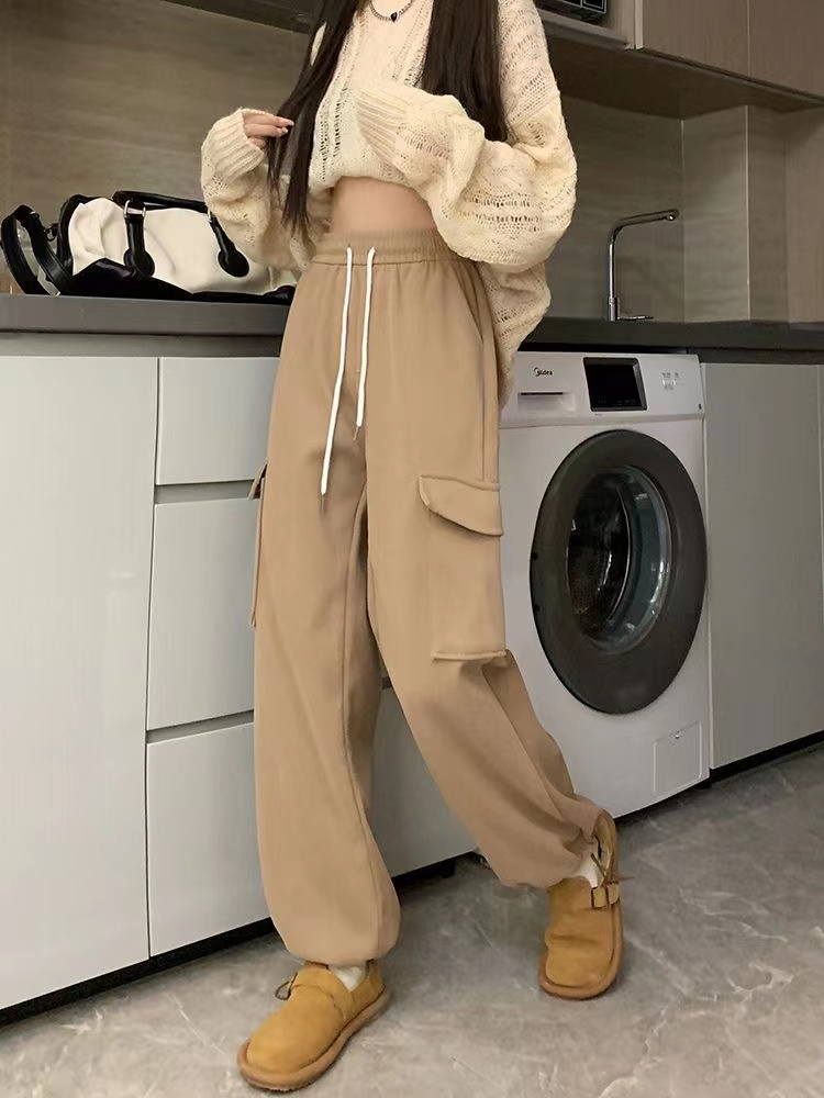  Autumn and Winter New Elastic Waist Drawstring Legs Loose Fashion Overalls Plus Velvet Casual Pants for Women