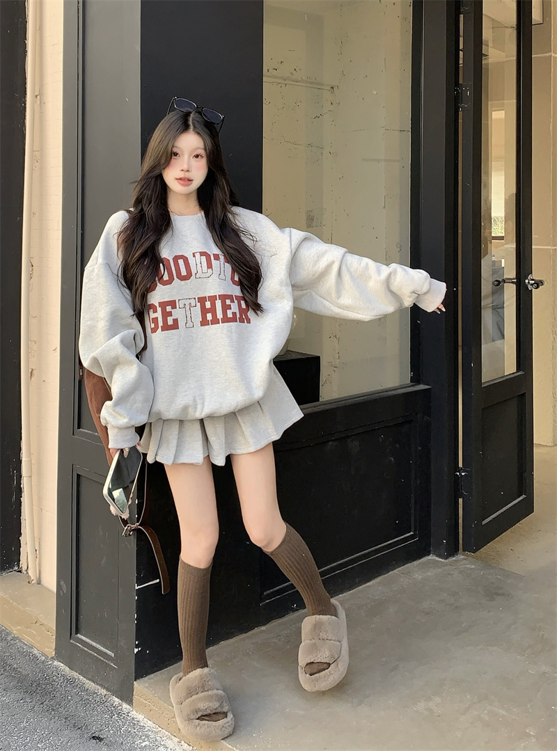 Pure cotton woolen Chinese cotton composite silver fox velvet fashion suit printed sweatshirt autumn and winter high waist skirt two-piece set