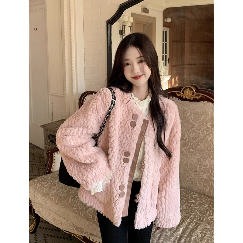 Korean soft fur coat for women in winter thickened high-end design loose long-sleeved cotton coat