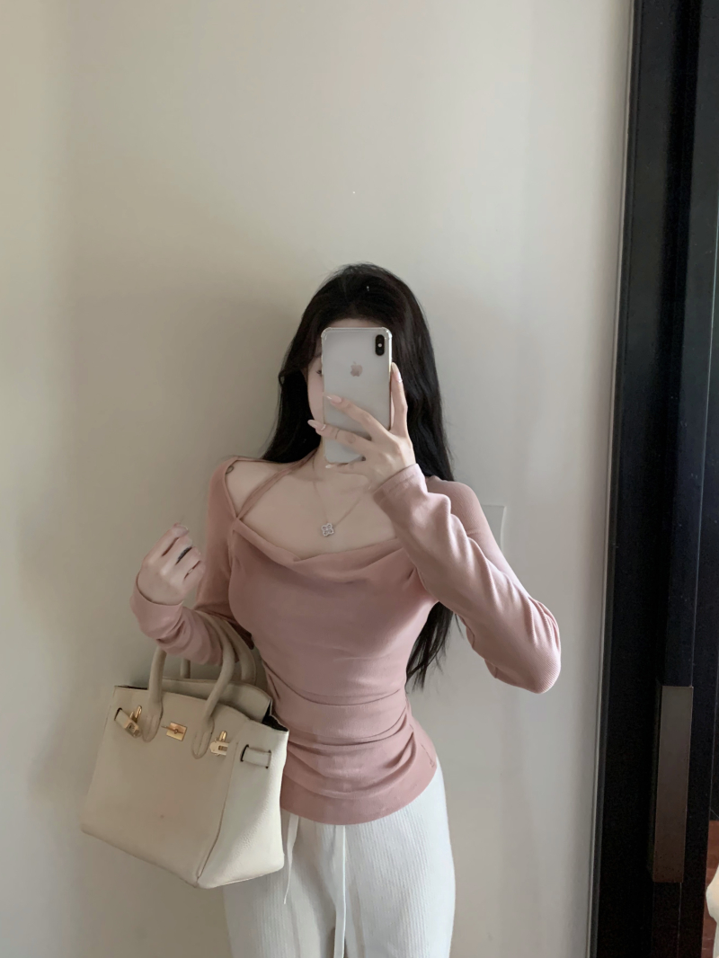 Actual shot of high-end outfits for pure lust hot girls slimming short long-sleeved T-shirt bottoming shirt tops for women