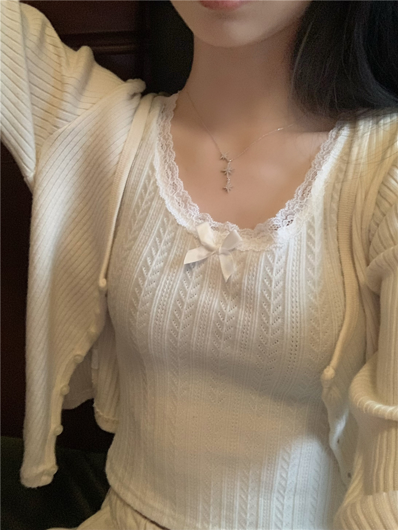 白色镂空蕾丝花边吊带背心女秋季2023新款短款蝴蝶结修身内搭上衣