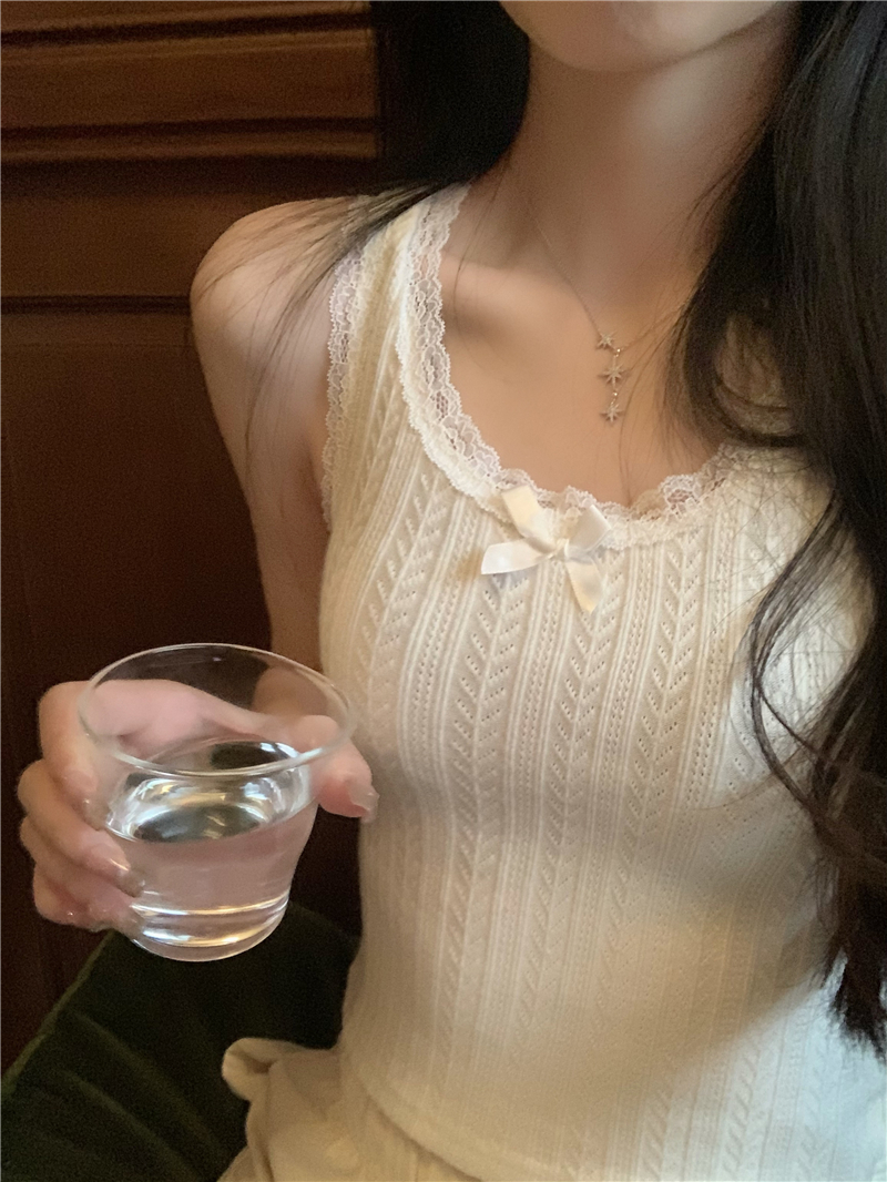 白色镂空蕾丝花边吊带背心女秋季2023新款短款蝴蝶结修身内搭上衣