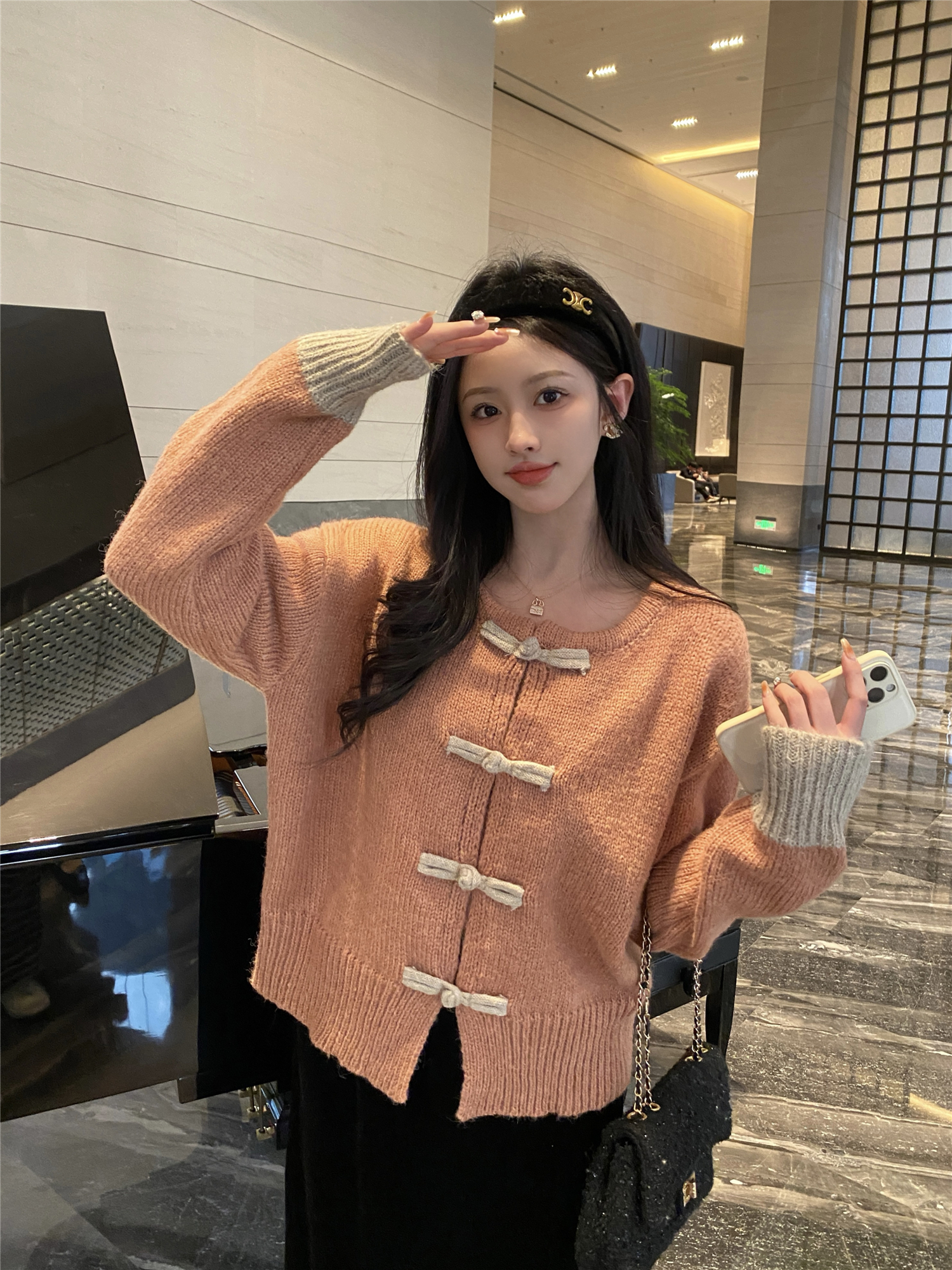 Actual shot~New Chinese style retro buttoned sweater for women knitted cardigan jacket velvet skirt suit