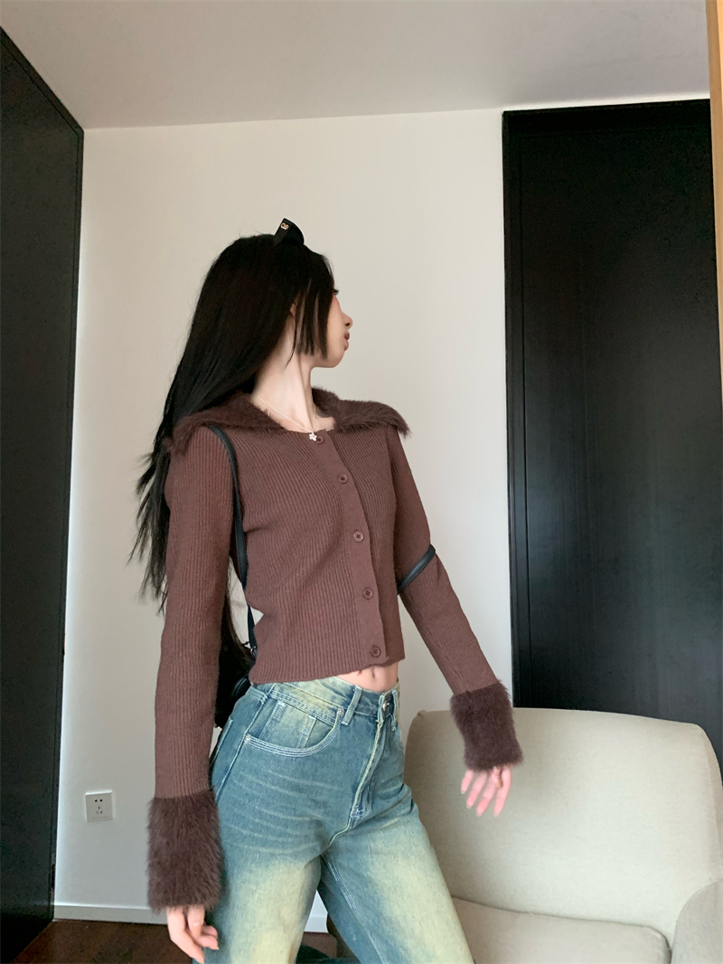 Real shot!  Plush patchwork long-sleeved pitted sweater women's fitted knitted cropped top