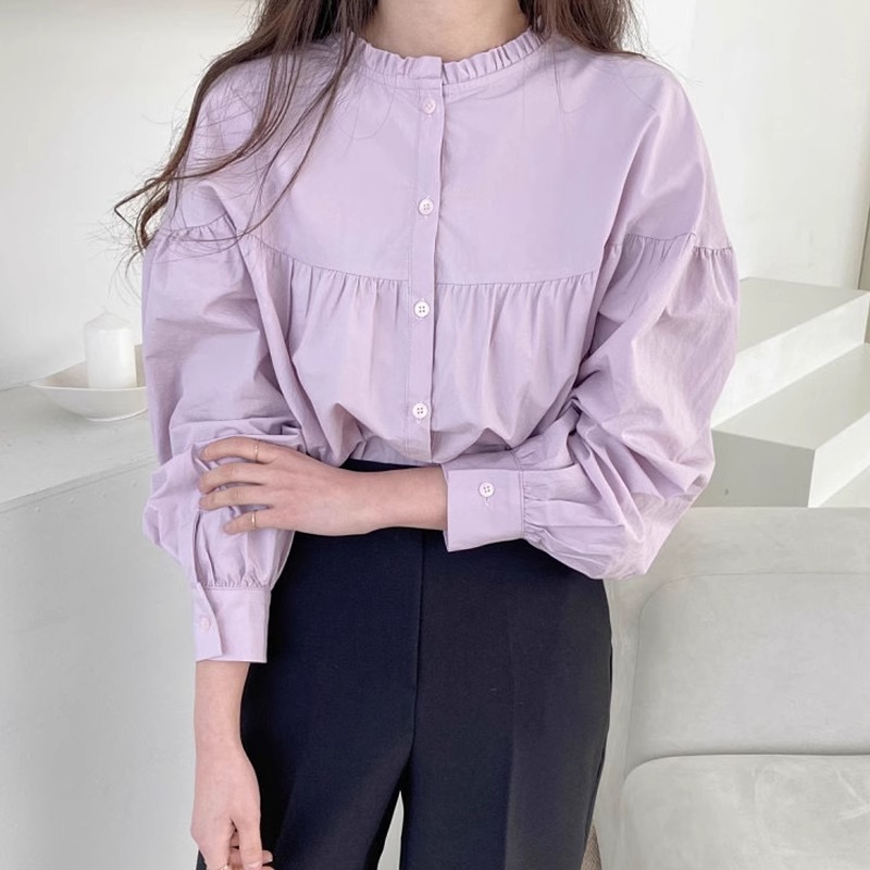 韩系chic紫色长袖衬衫女秋季新款设计感小众前后两穿立领宽松上衣