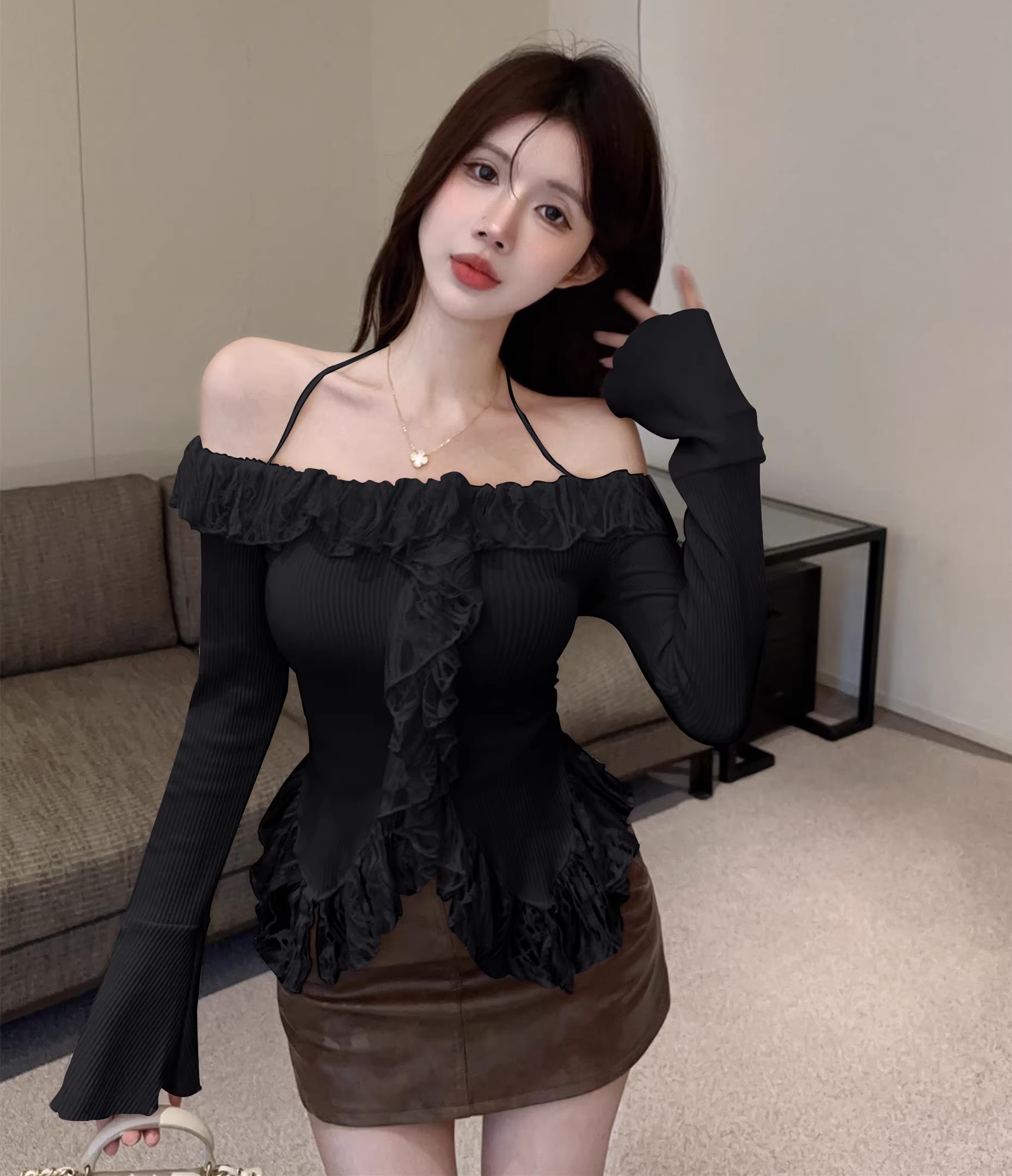 Lace ruffled one-shoulder long-sleeved sweater for women in autumn and winter pure lust style sexy halter top slim sweater