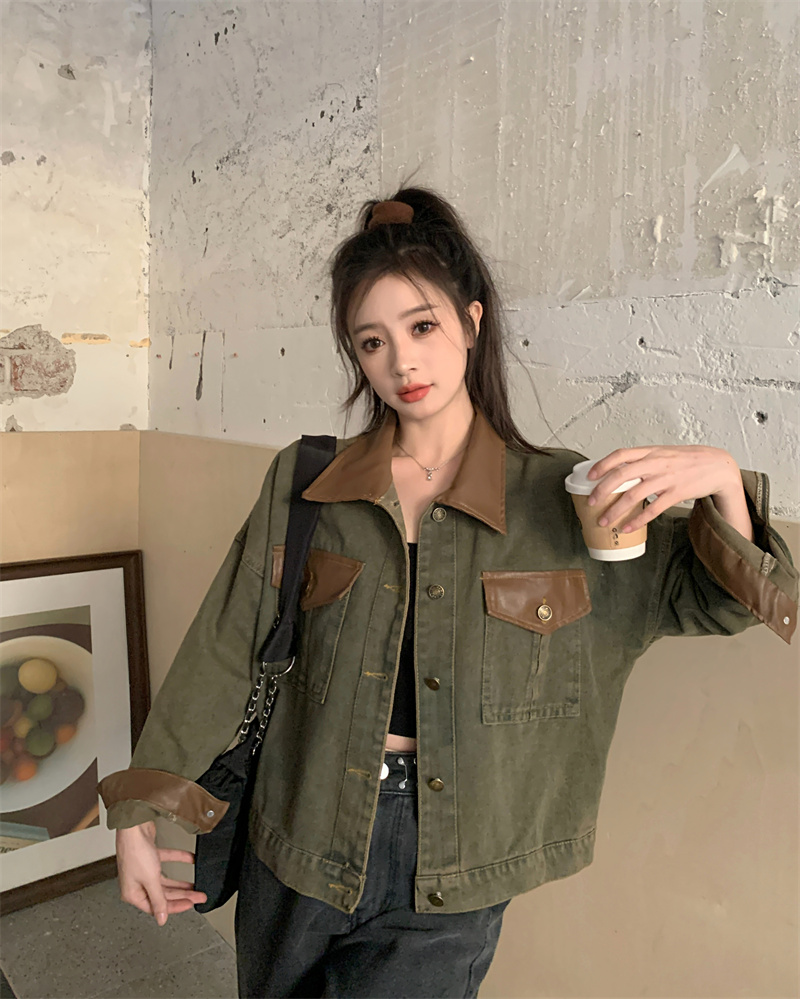 Real shot of American retro workwear style denim jacket, sweet and cool hot girl contrasting top
