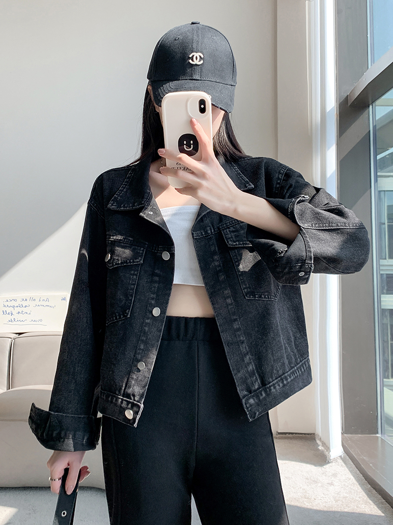 Real shot~Black and gray denim jacket women's short spring and autumn Korean style new work jacket denim top