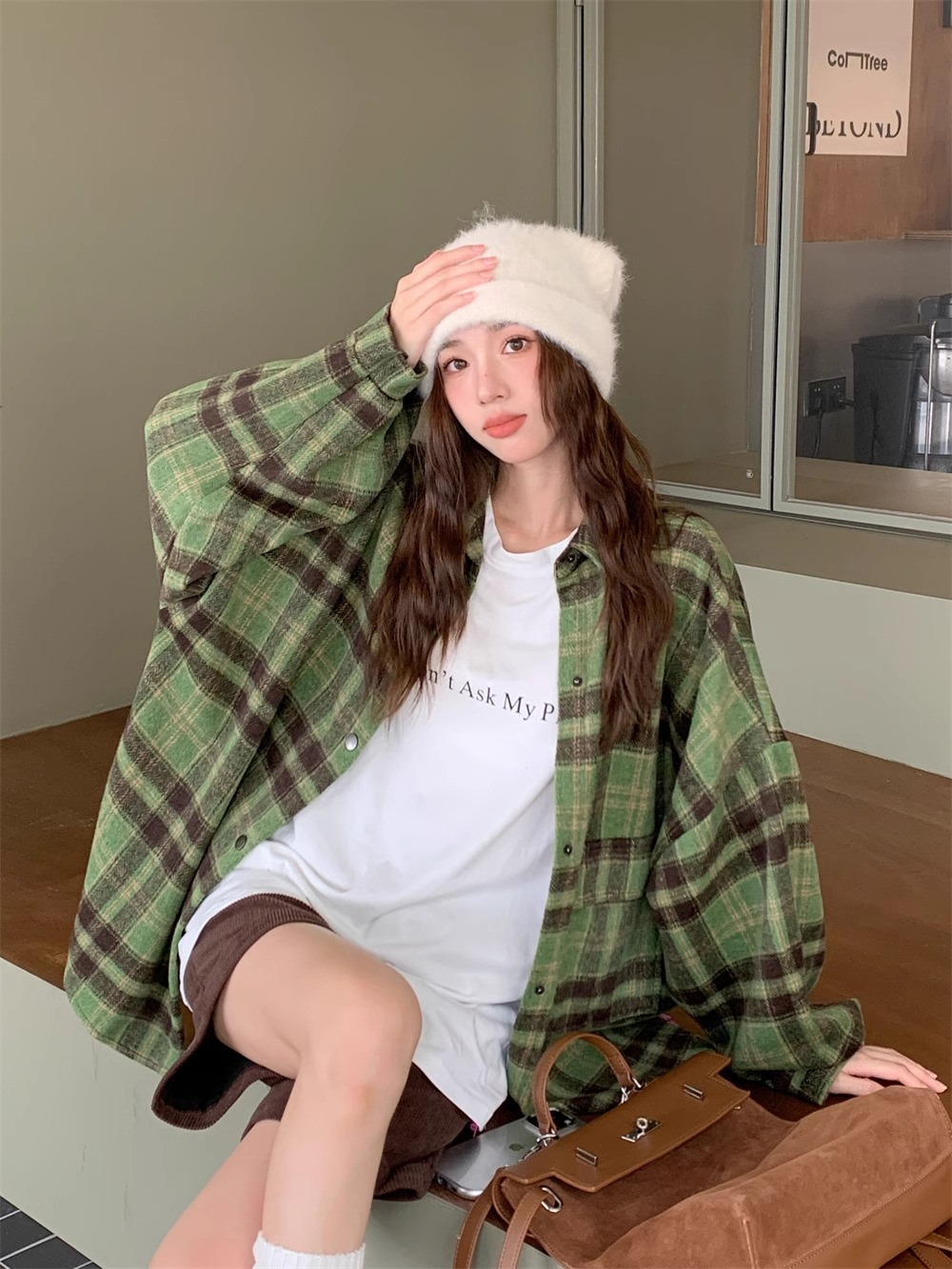 American retro plaid shirt for women, thin design, spring and autumn new style, Korean version, fashionable, versatile and casual