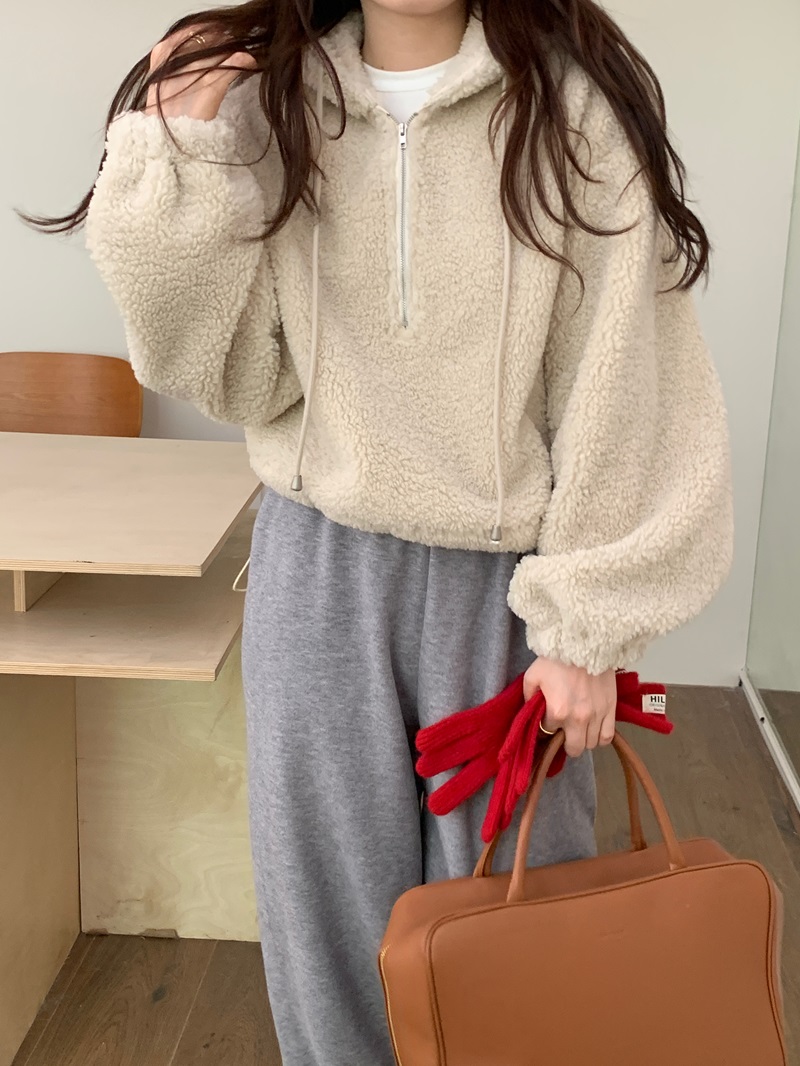 Real shot Korean style lazy lamb wool composite warm hooded sweatshirt zipper short jacket two colors