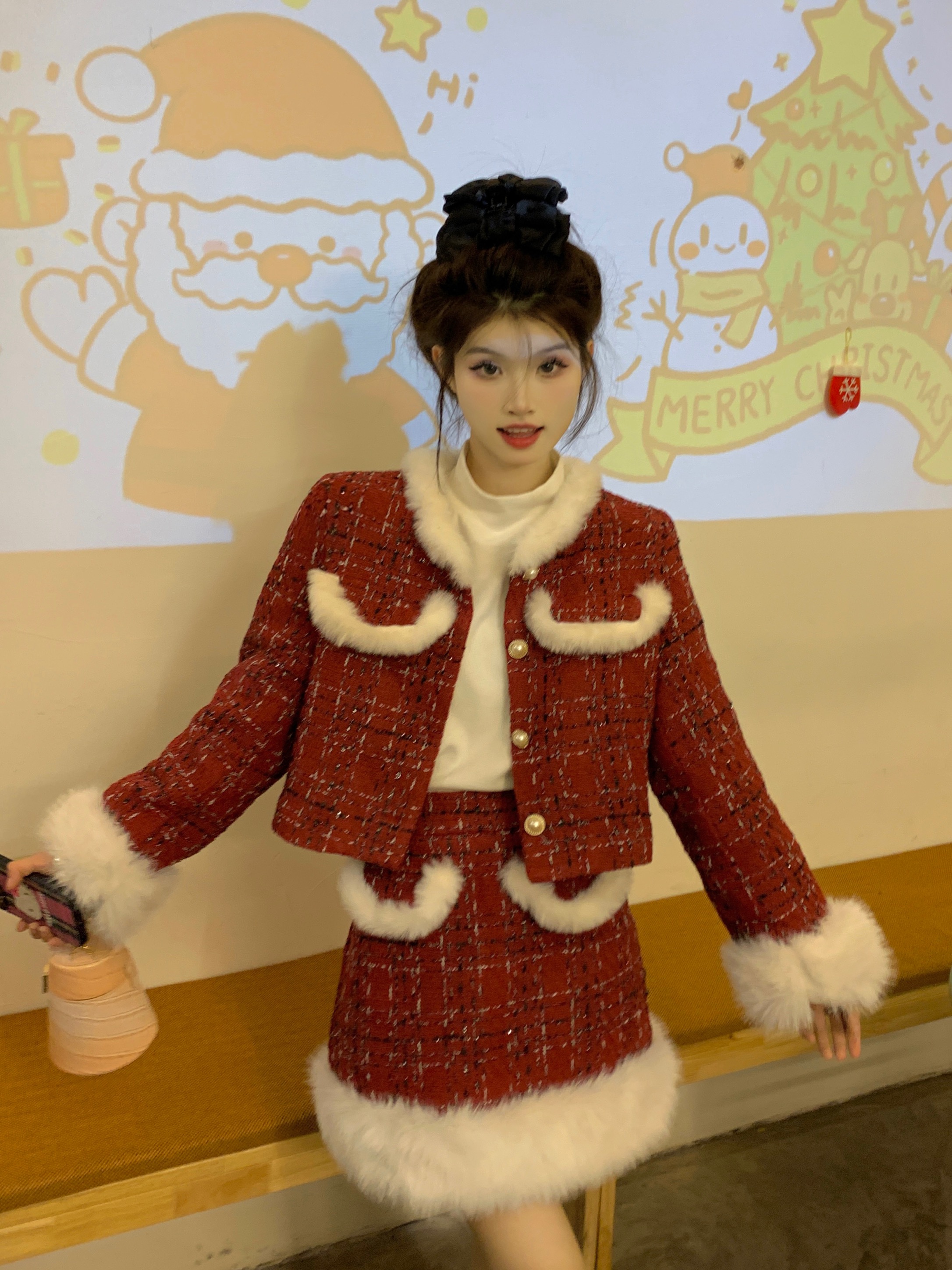 实拍 圣诞新年战袍小香风开衫夹棉外套+包臀半身裙两件套套装