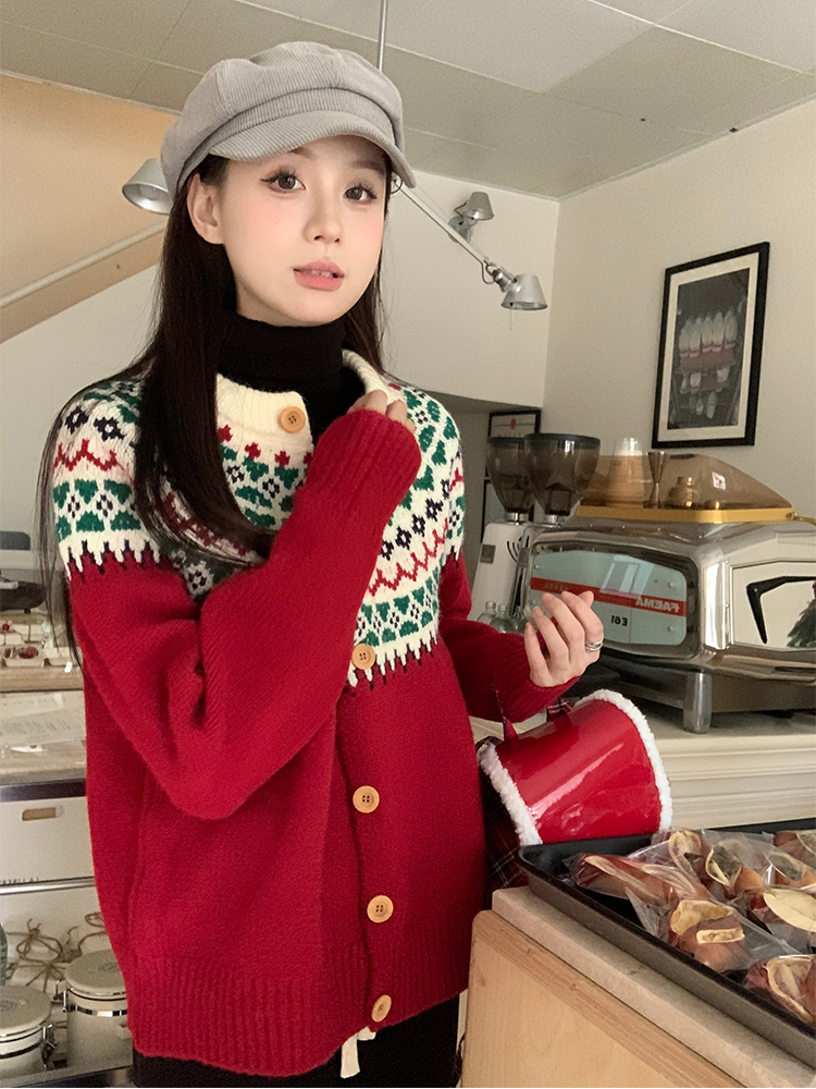 Actual shot of early spring Korean chic New Year style single-breasted sweater suit