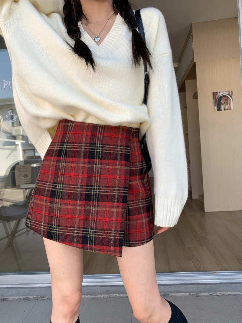 Real shot 9130# plaid skirt autumn and winter retro A-line skirt woolen culottes
