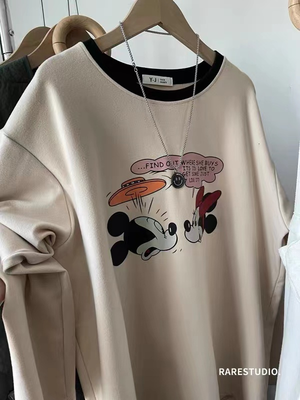 Silk cotton double-sided velvet Mickey Minnie fun age-reducing casual long-sleeved T-shirt warm and versatile base layer