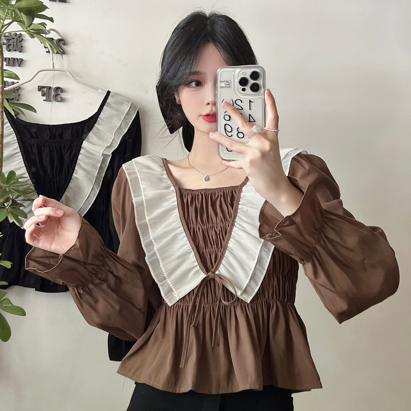 New autumn and winter women's Korean style large size French ruffled black long-sleeved shirt that covers the belly and looks slimming shirt top