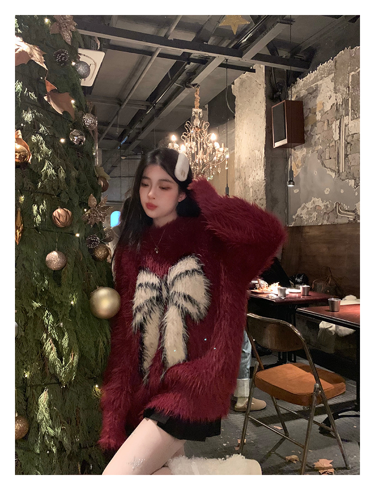 2toyoung Christmas Pastoral Bow Long Wool Sweater Women's Autumn and Winter Thickened New Year Red Lazy Knitted Top
