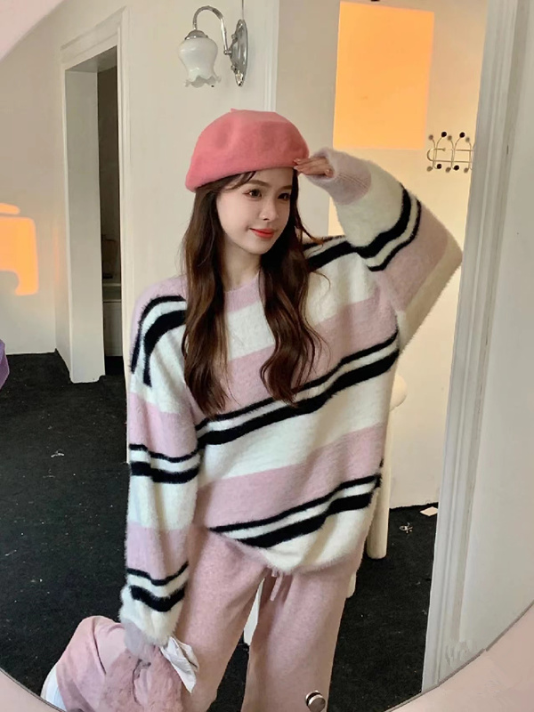 New autumn and winter mink velvet round neck all-match sweater tops lazy style loose striped long-sleeved thickened sweater for women