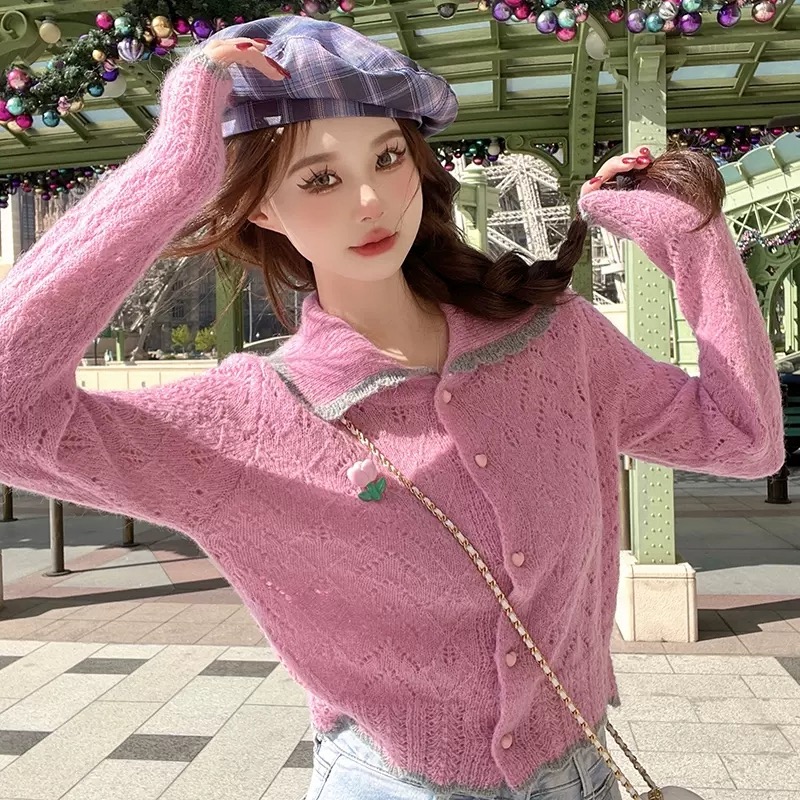 Lapel Contrast Color Hollow Flower Knitted Cardigan Women's Design Niche Sweet Short Sweater