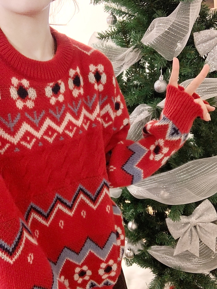 新年红色费尔岛冰岛日系古着宽松慵懒米色针织毛衣软糯秋冬