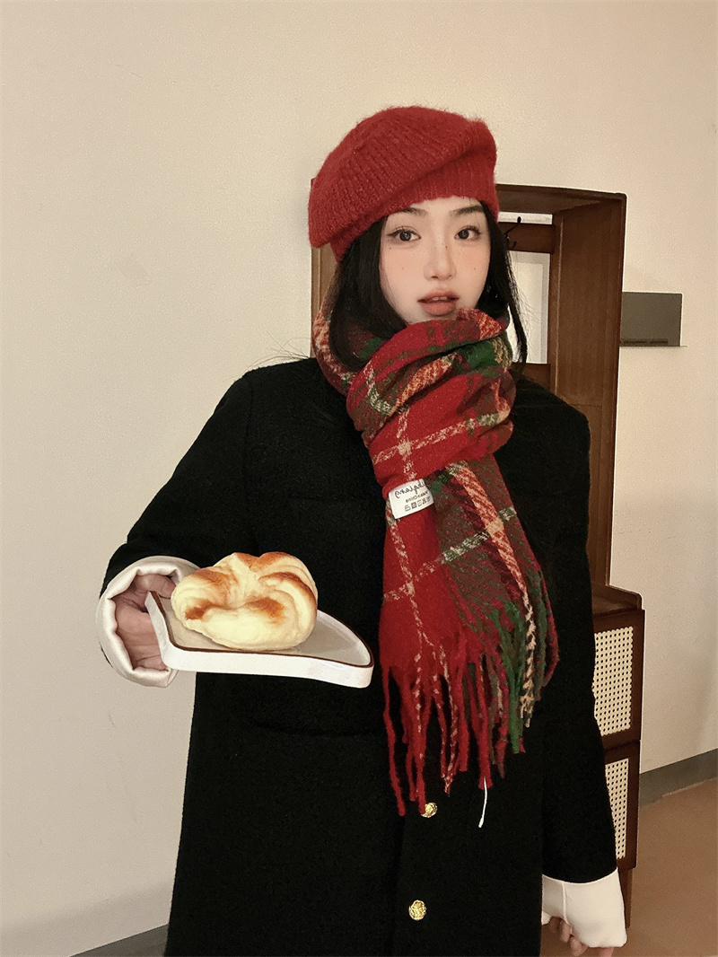 Real shot red scarf winter women's plaid imitation cashmere ins versatile high-end shawl student scarf