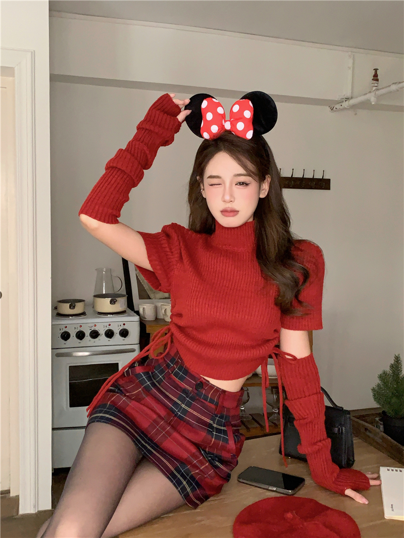 Real shot~Red sweater Christmas New Year shirt half turtleneck drawstring slim fit sleeves sweater top