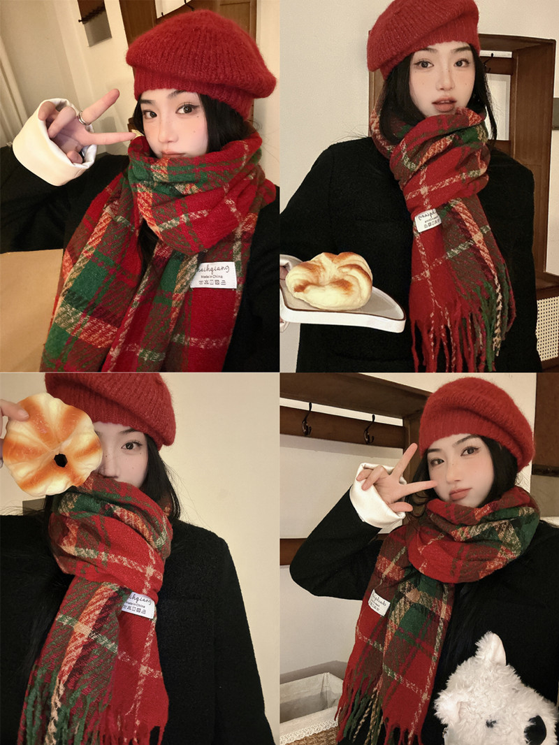 Real shot red scarf winter women's plaid imitation cashmere ins versatile high-end shawl student scarf