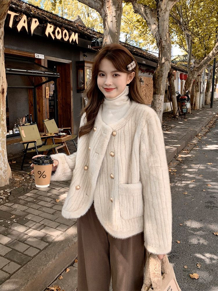 2023 autumn and winter French style thickened imitation mink fur one-piece striped fur eco-friendly fur women's jacket