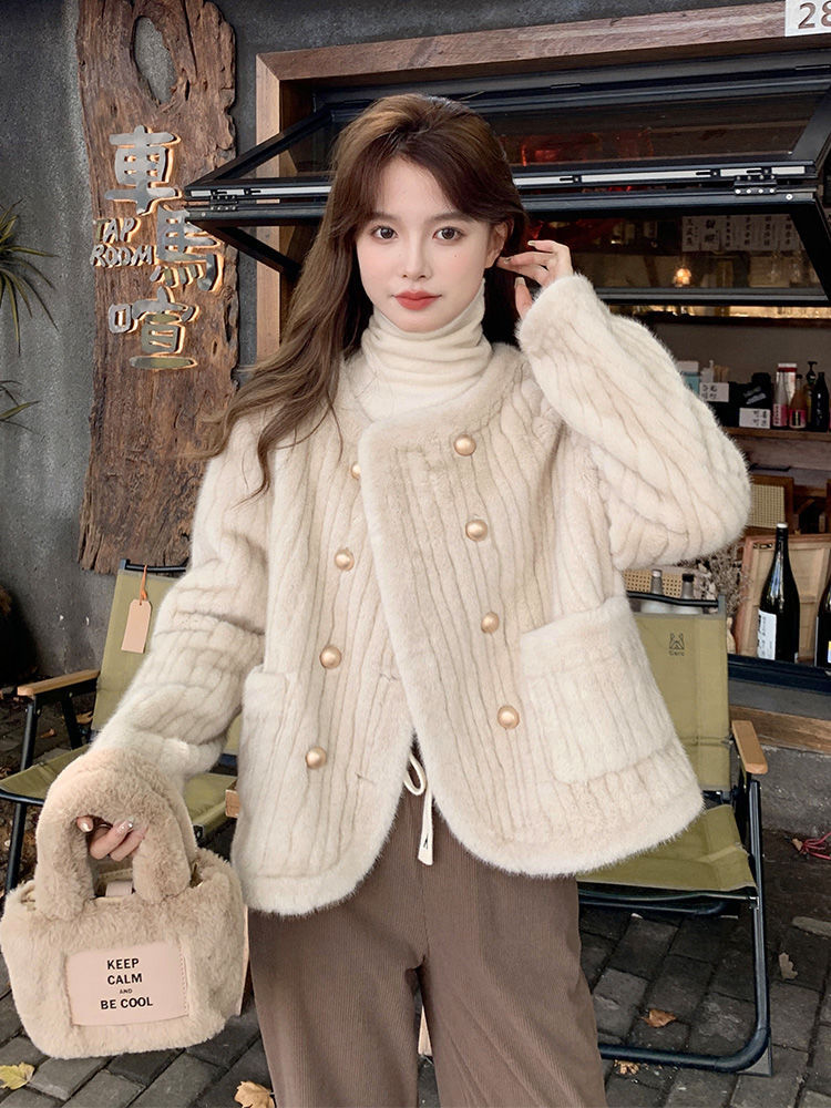 2023 autumn and winter French style thickened imitation mink fur one-piece striped fur eco-friendly fur women's jacket