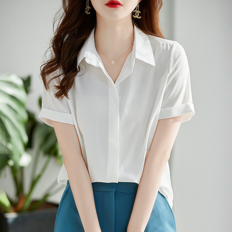 襯衣女夏2026新款韓版寬松套頭方領工作服氣質職業短袖雪紡白襯衫