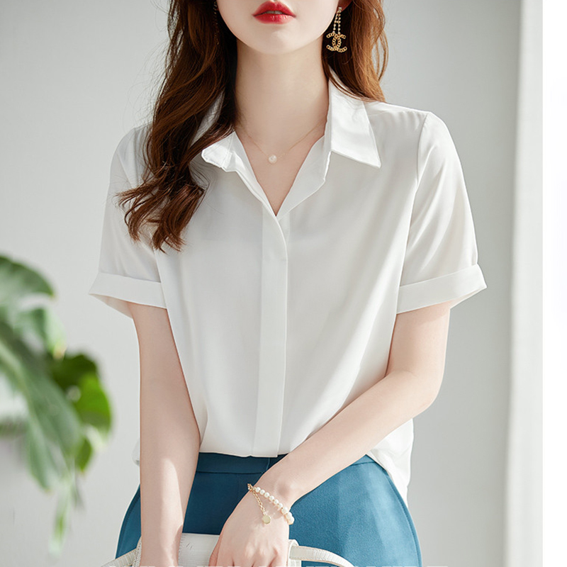 襯衣女夏2026新款韓版寬松套頭方領工作服氣質職業短袖雪紡白襯衫