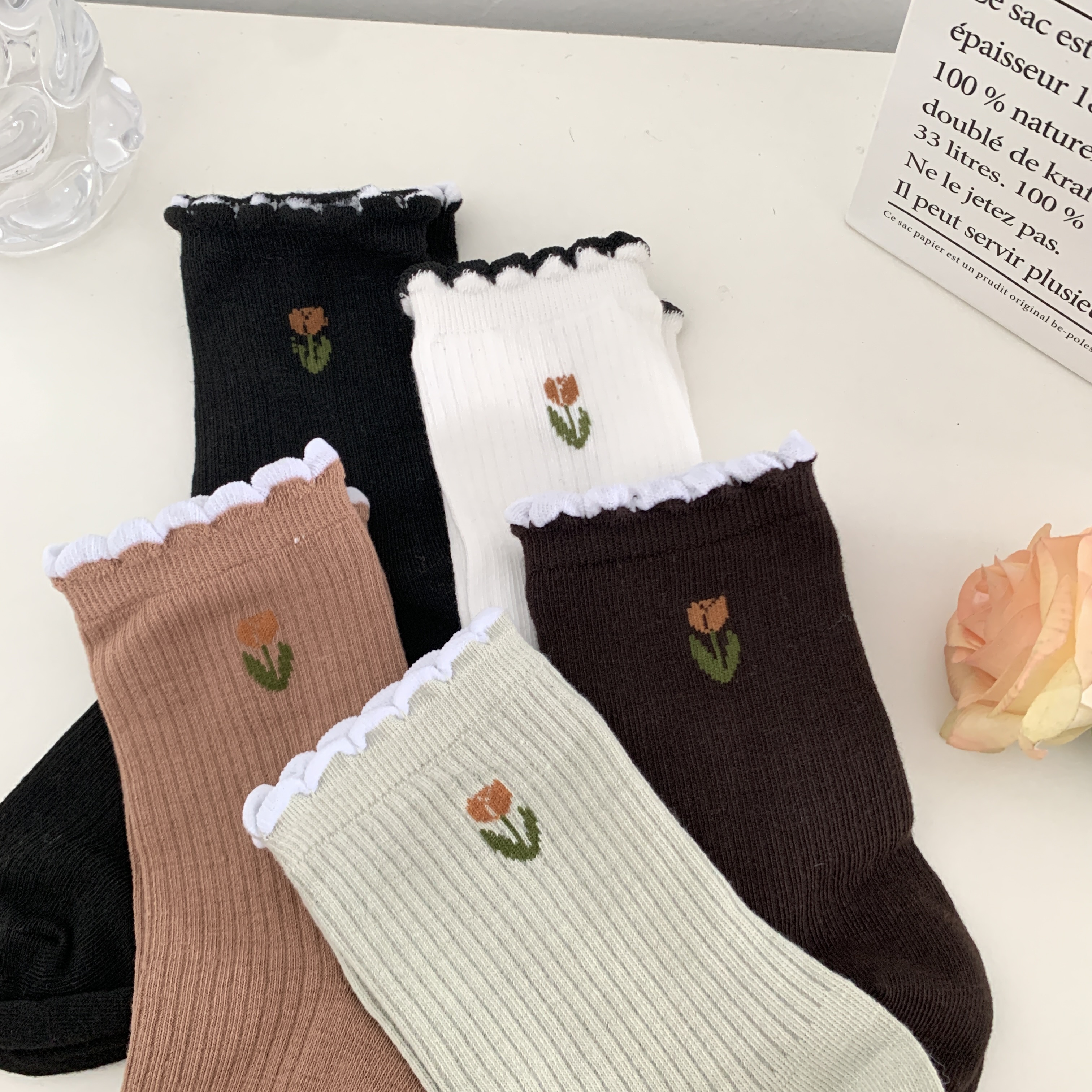 实拍 日系花朵中筒袜纯色花边百搭保暖堆堆袜5双装