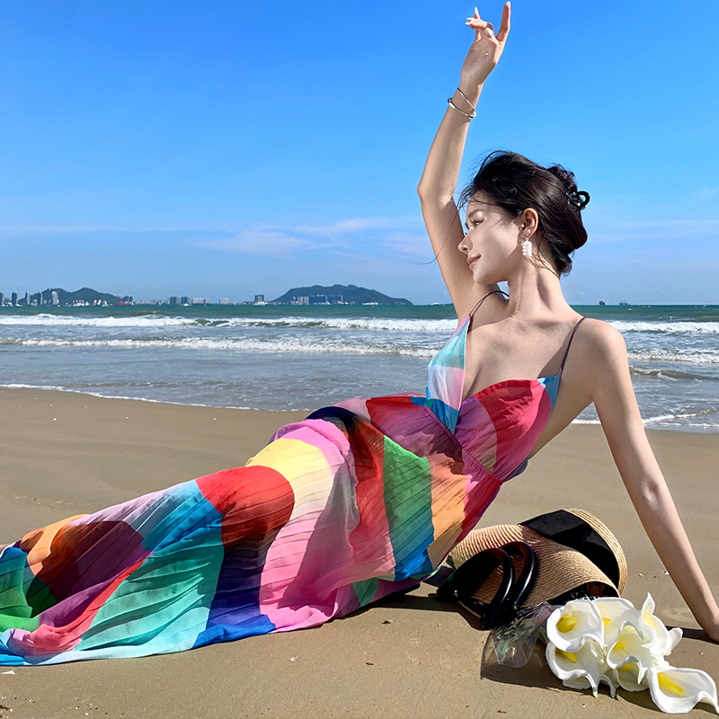 實拍夏日調色盤彩虹糖果摩登氣質修身顯瘦長款壓褶吊帶連衣裙
