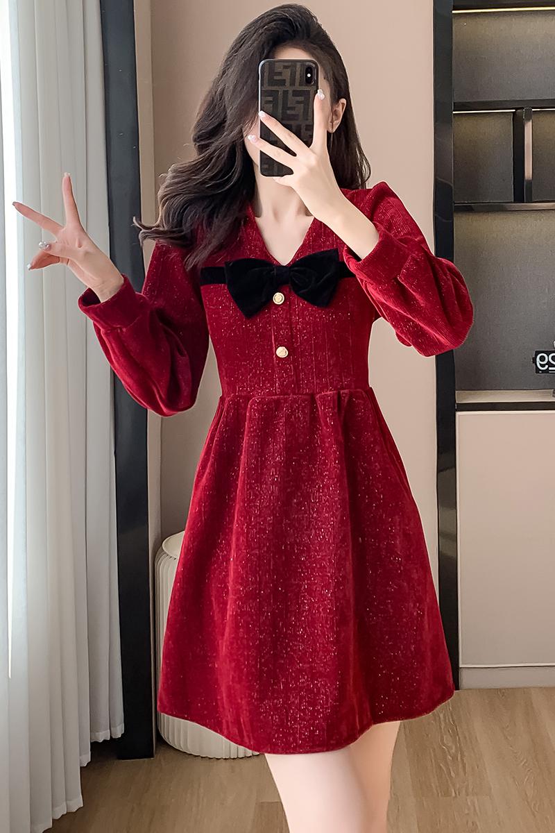 實拍圣誕節法式小香風蝴蝶結v領紅色連衣裙女秋冬收腰亮片a字裙子