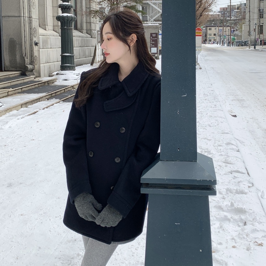 韩国INS复古气质冬季加厚夹棉双排扣宽松毛呢外套呢子大衣
