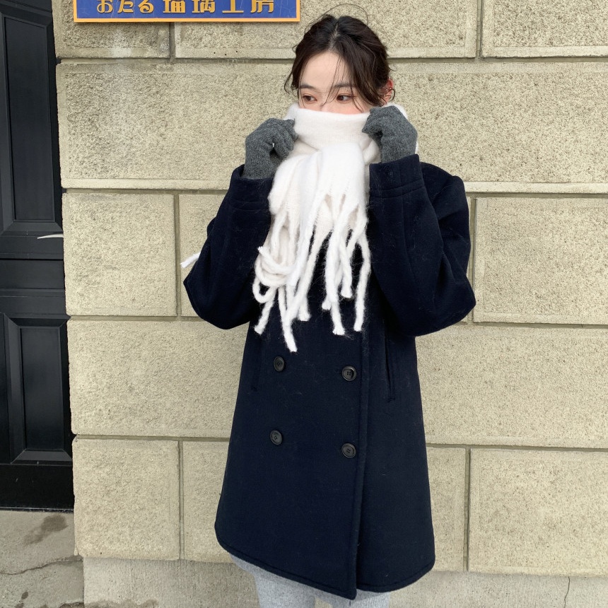 韩国INS复古气质冬季加厚夹棉双排扣宽松毛呢外套呢子大衣
