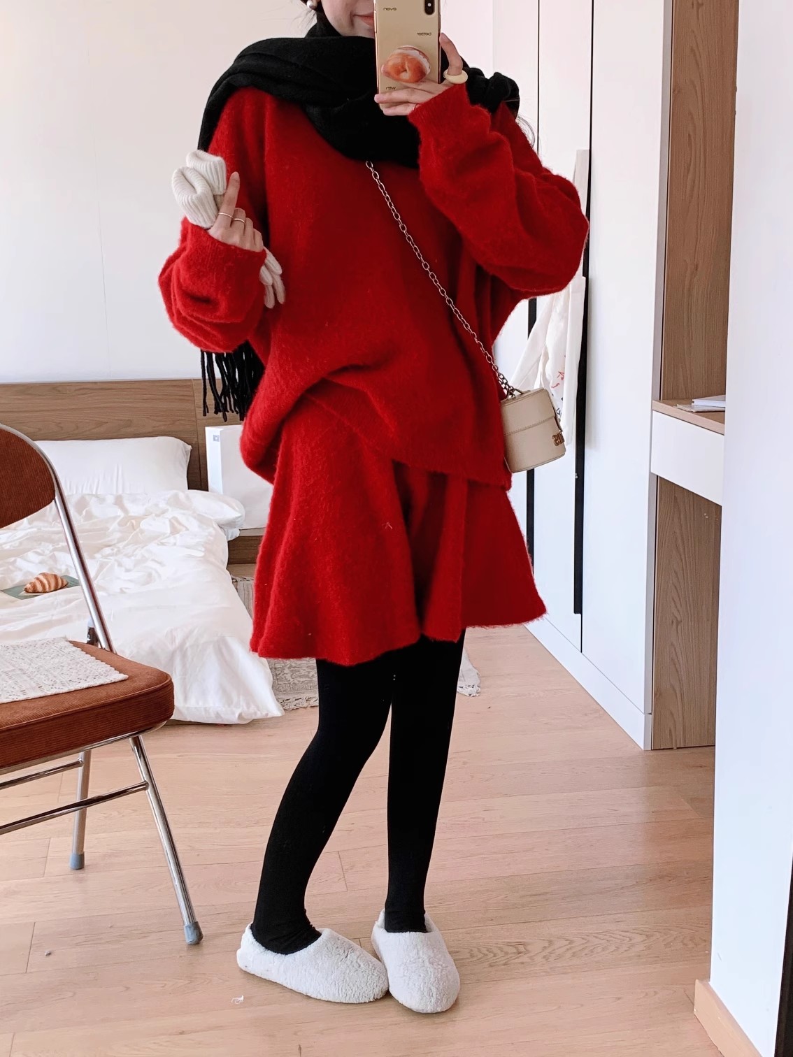 高级感气质名媛盐系新年红套装法式复古针织毛衣裙两件套春秋冬女