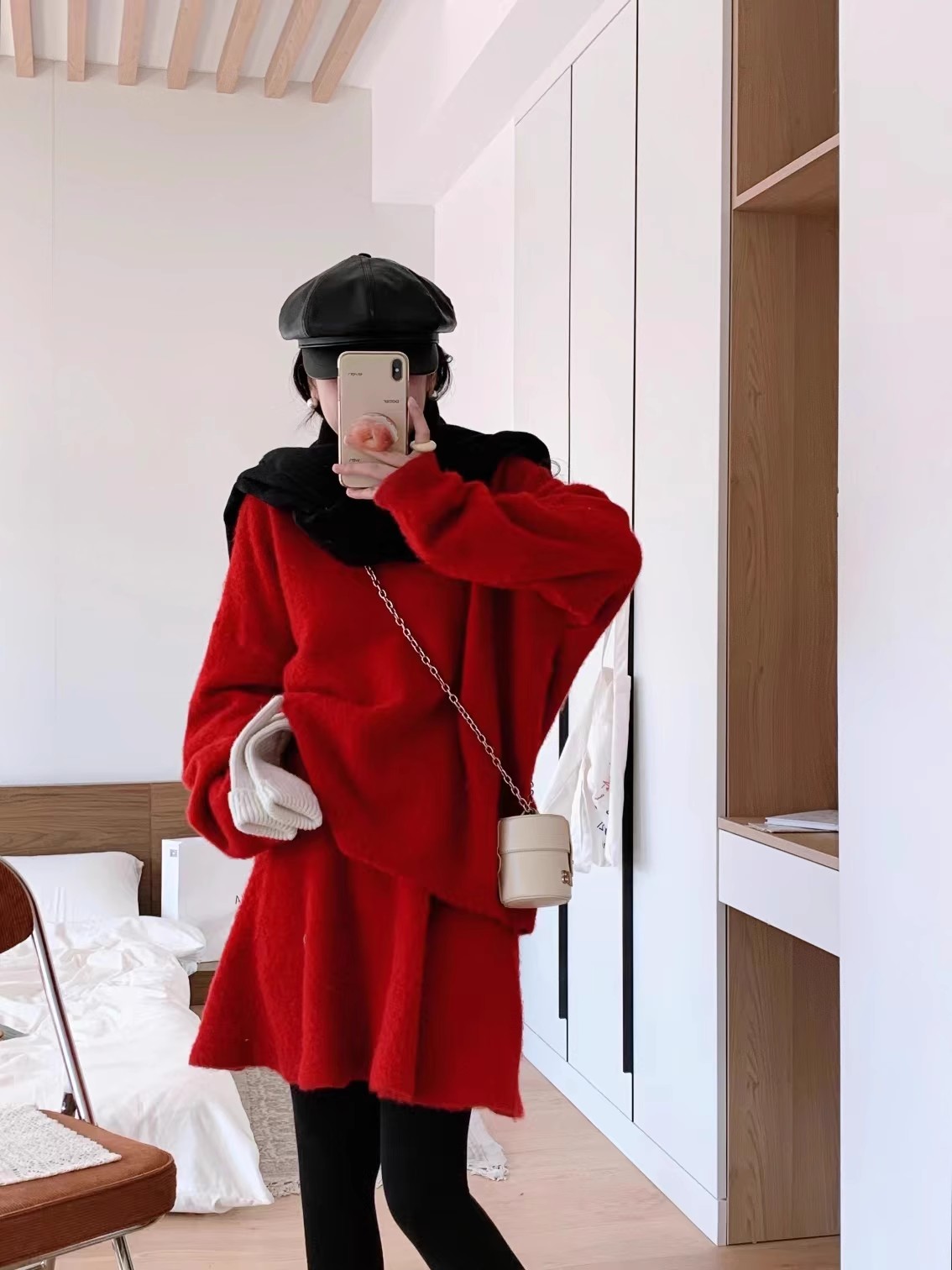 高级感气质名媛盐系新年红套装法式复古针织毛衣裙两件套春秋冬女