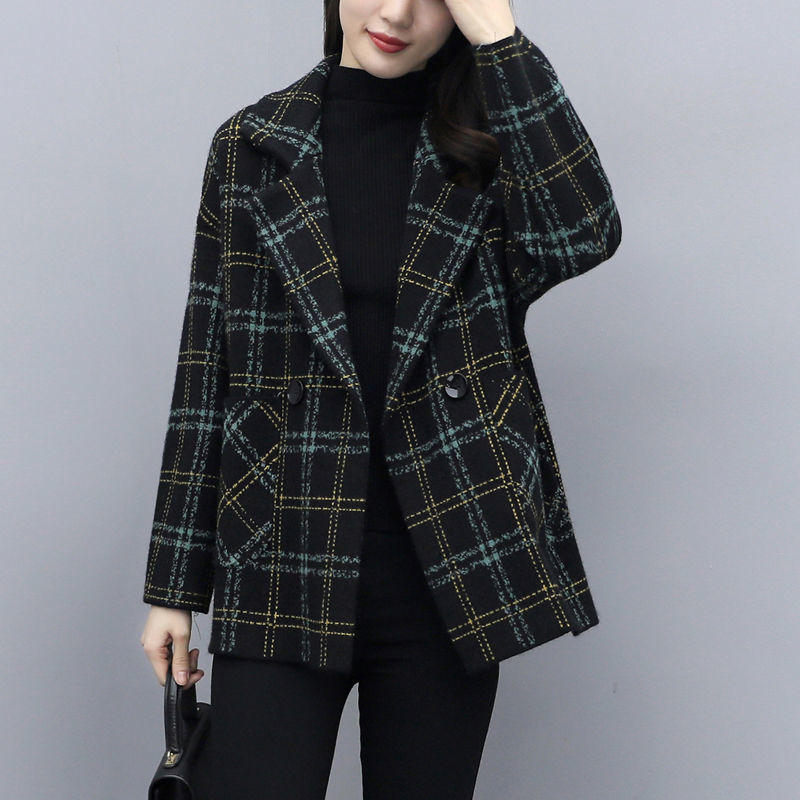 Short woolen coat for women in autumn and winter new style retro high-end temperament suit double-sided plaid coat