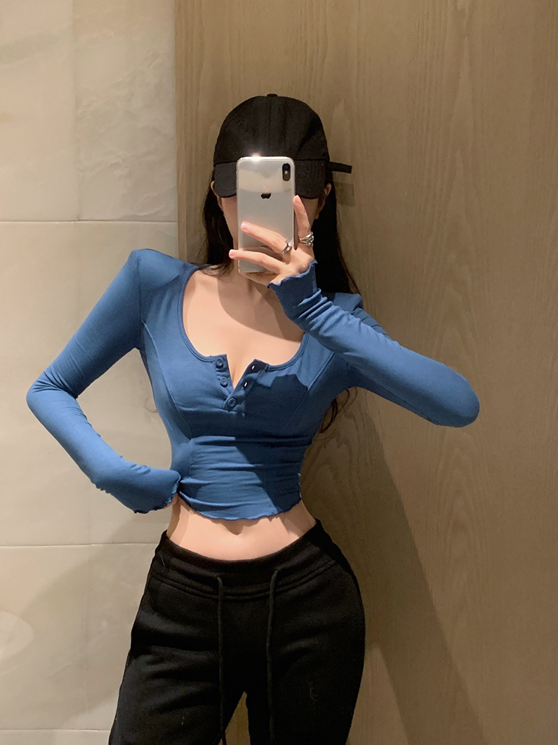 Actual shot of Pure Desire U-neck right shoulder long-sleeved T-shirt women's short style inner fit button-up bottoming shirt hot girl top