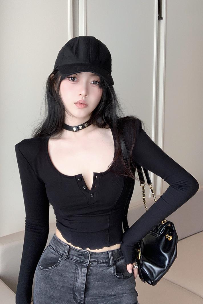 Actual shot of Pure Desire U-neck right shoulder long-sleeved T-shirt women's short style inner fit button-up bottoming shirt hot girl top