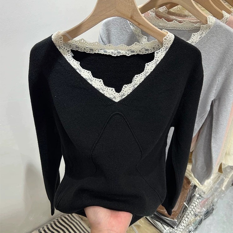 kumikumi lace splicing V-neck sweater for women in autumn and winter with design niche loose pullover sweater